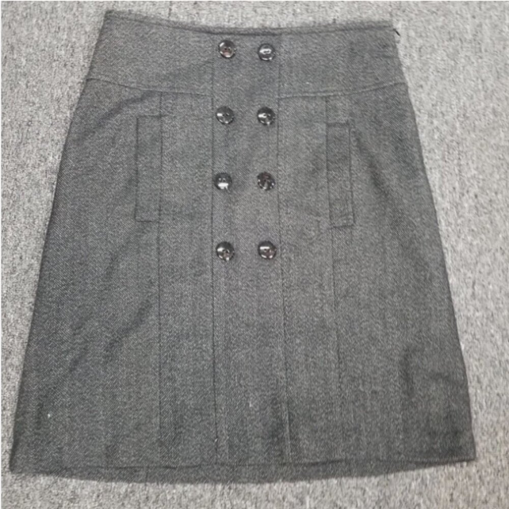 ZARA BASIC Women's Medium Gray Herringbone Wool Blend Button-Front A-Line Skirt